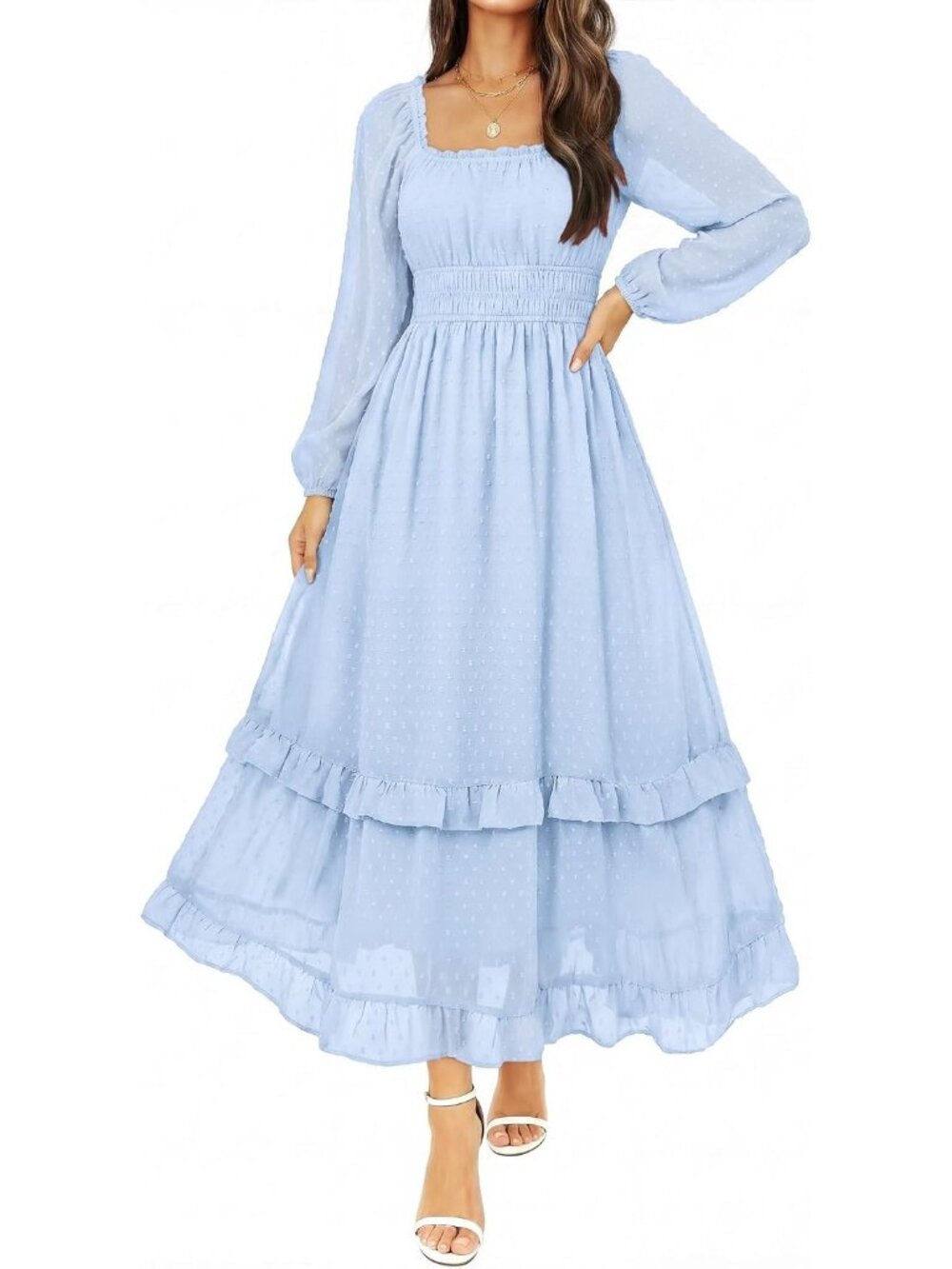 Women's Light Blue Fall Swiss Dot Chiffon Square Neck A-Line Wedding Maxi Dress